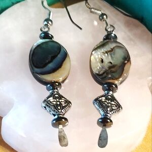 📌99.9 NOT 925 STERLING. 🔥ABALONE,HEMATITE.  HYPOALLERGIC,  EARRINGS. 2-2/4"L